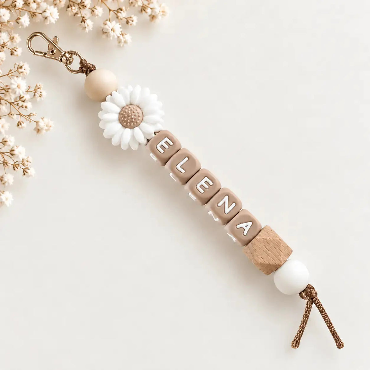 Pacifier clip with name, white and natural flower