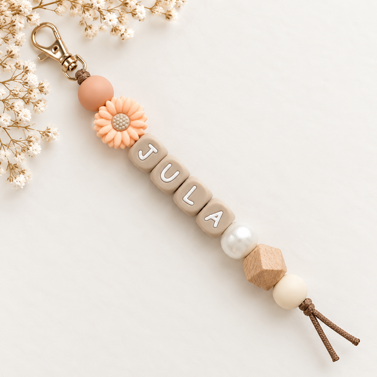 Porte-clés avec nom et fleur saumon