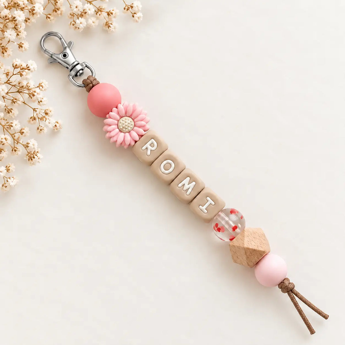 Name keychain pink flower and hearts