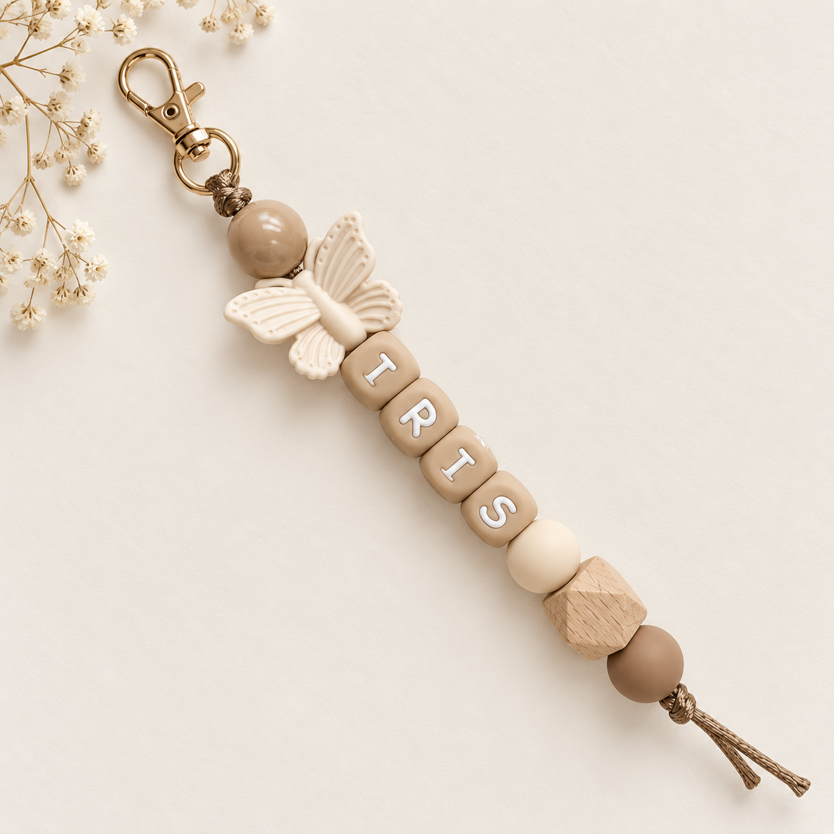 Keychain with name butterfly gold natural
