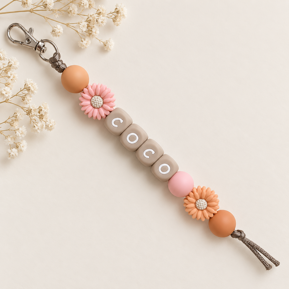 Keychain with name peach and pink flower