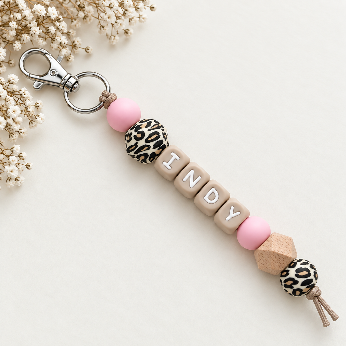 Sleutelhanger met naam panter roze