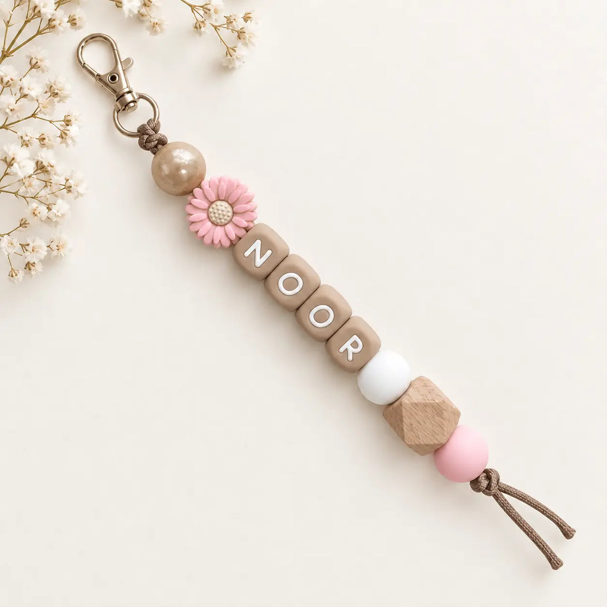 Sleutelhanger met naam goud roze bloem