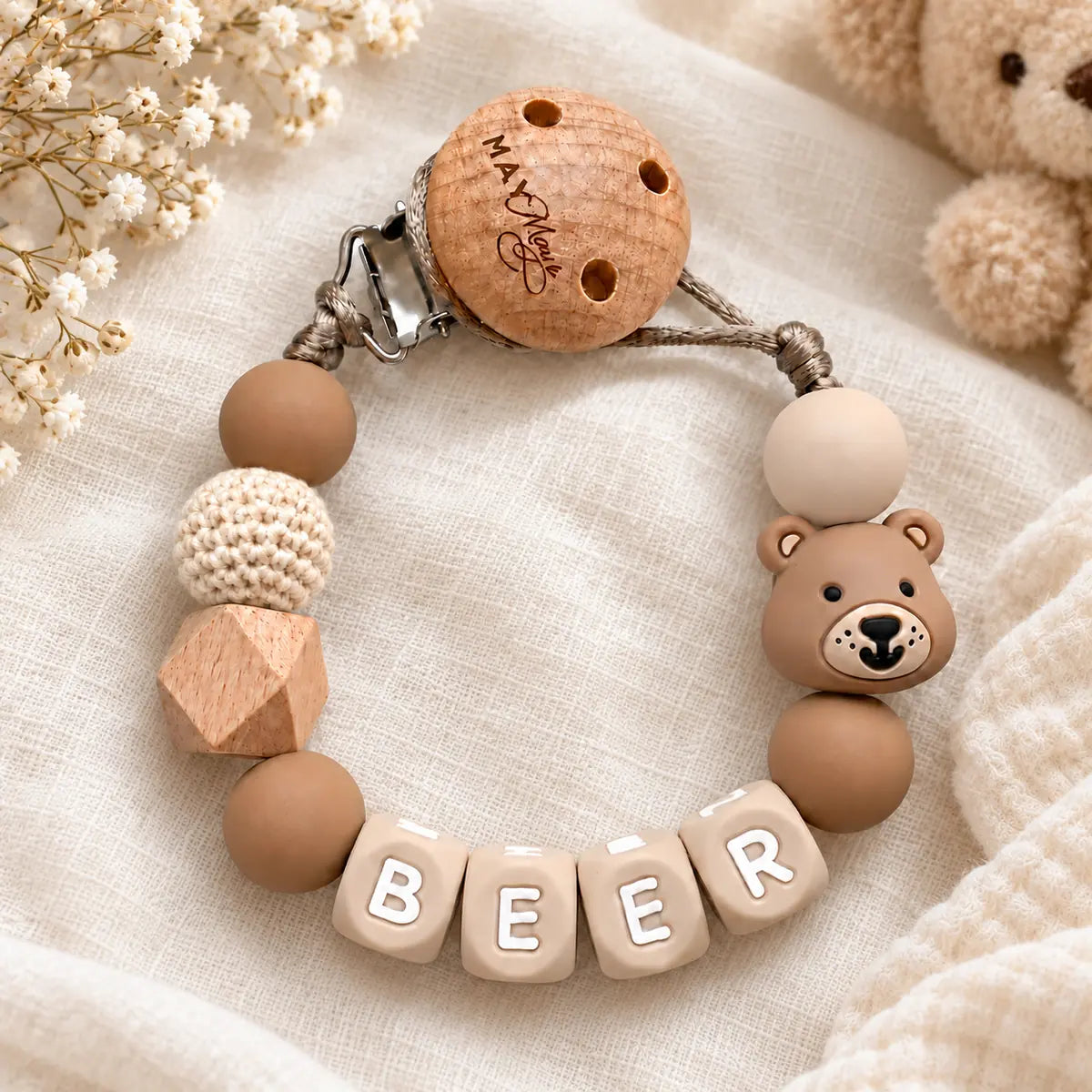 Speenkoord met naam beer bruin beige may mays
