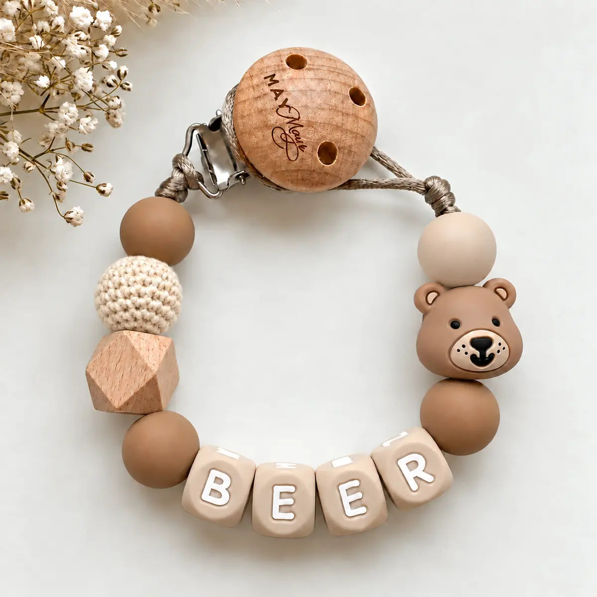 Speenkoord met naam beer bruin beige