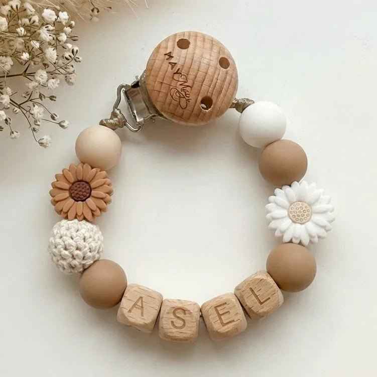 Shoelace named Flower, in brown, white, and wood tones