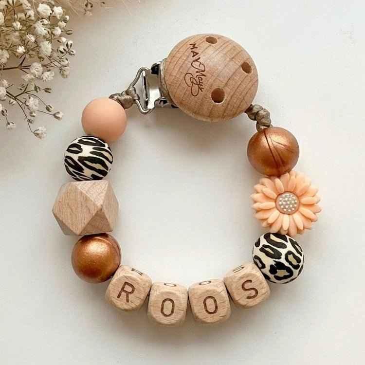 Speenkoord met naam brons leopard bloem hout - May Mays