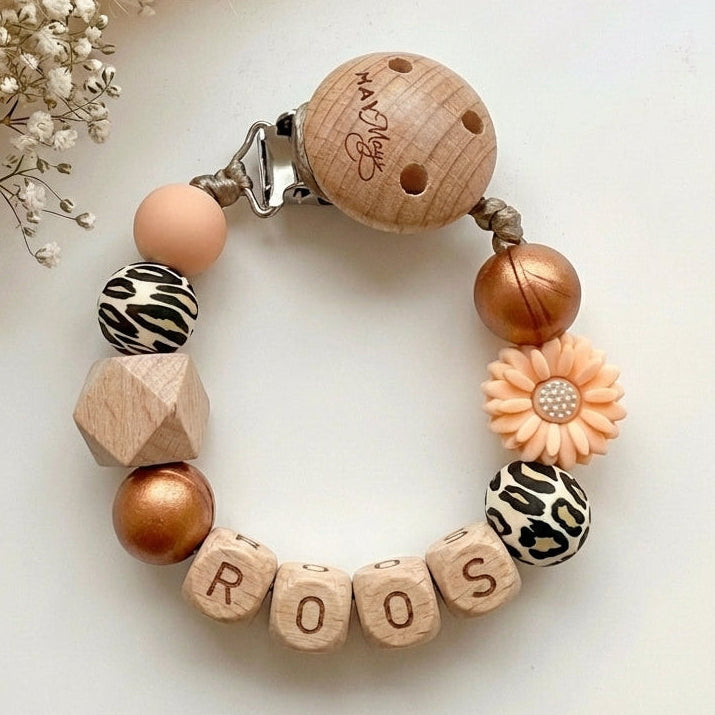 Speenkoord met naam brons leopard bloem - May Mays