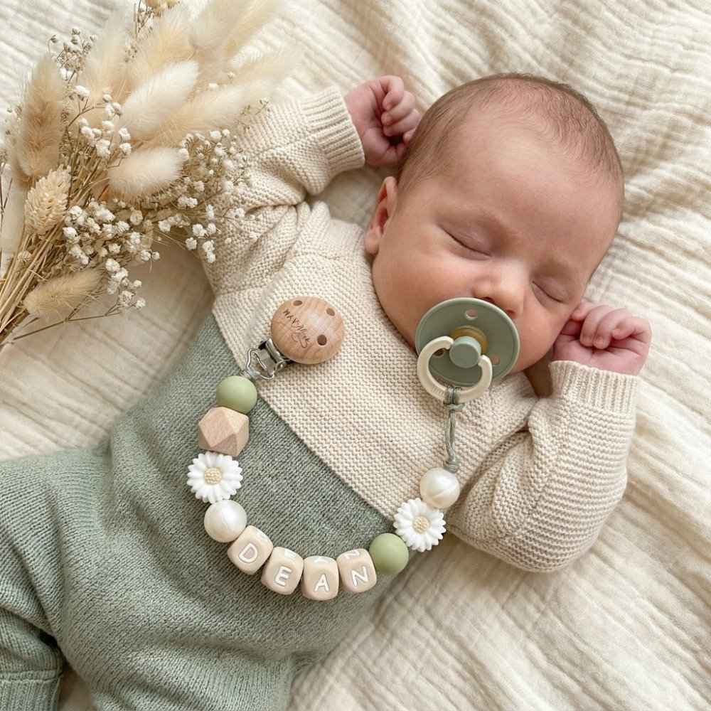 White pacifier chain with name and green pearl flower design