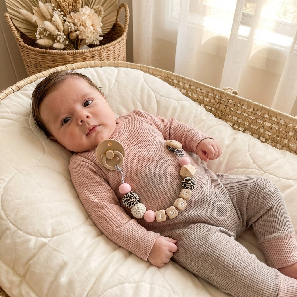 Speenkoord met naam panter roze - May Mays