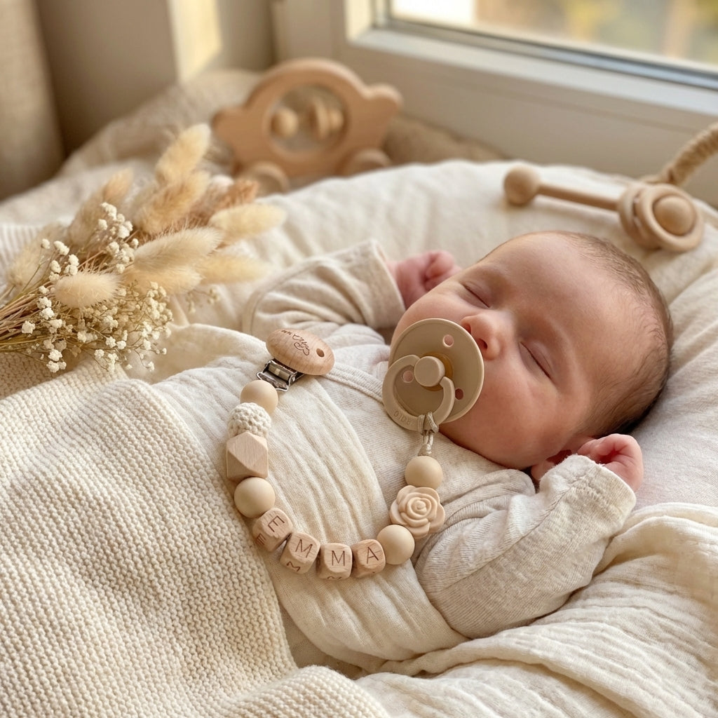 Speenkoord met naam roosje beige - May Mays