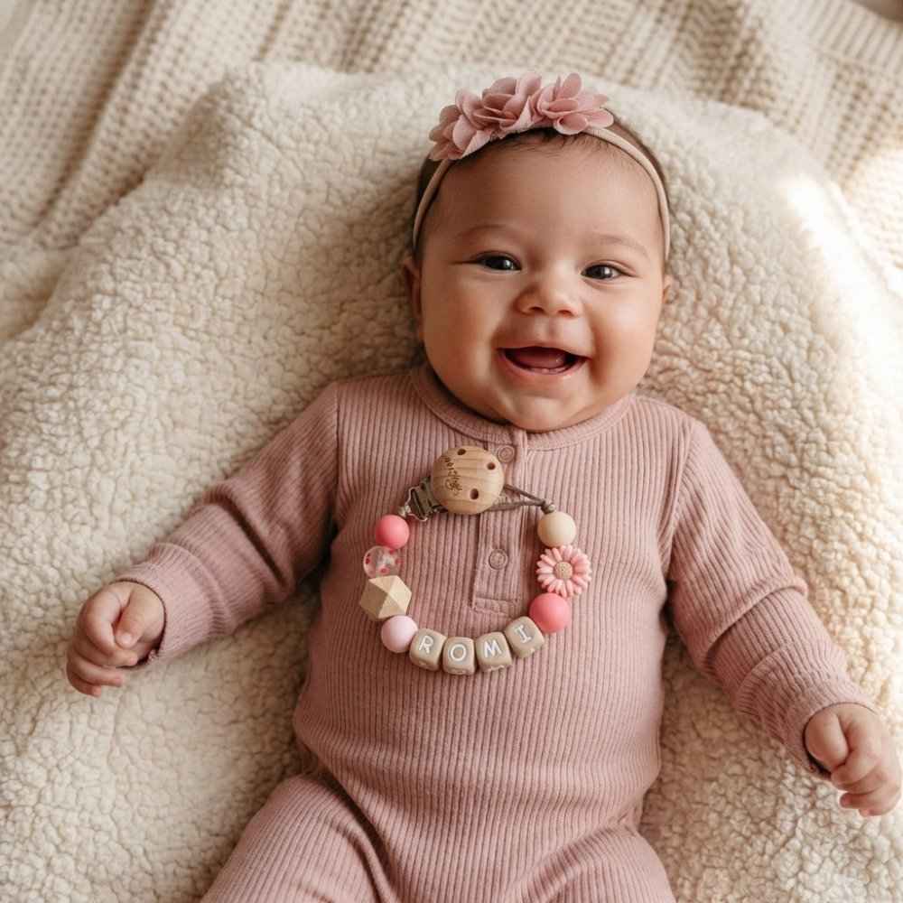 May Mays pacifier clip with pink hearts