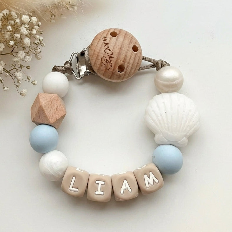 Speenkoord met naam schelp blauw - May Mays