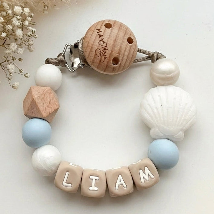 Speenkoord met naam schelp blauw - May Mays