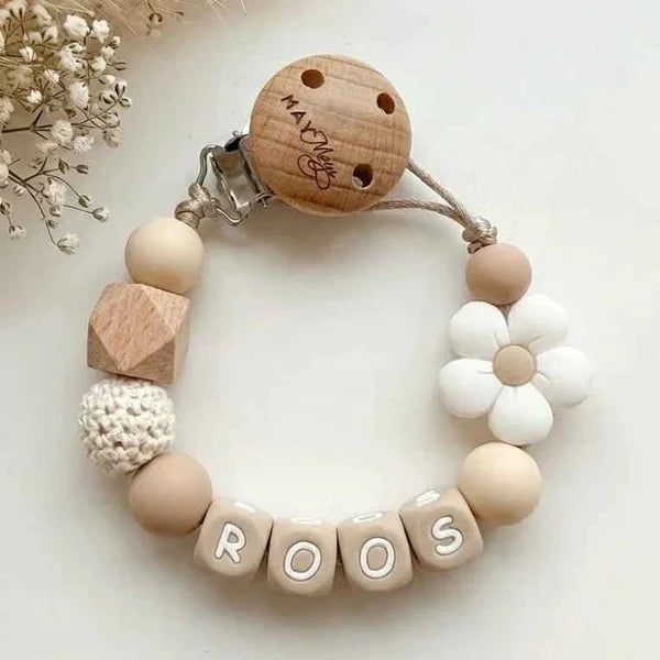 Pacifier clip with name round flower white