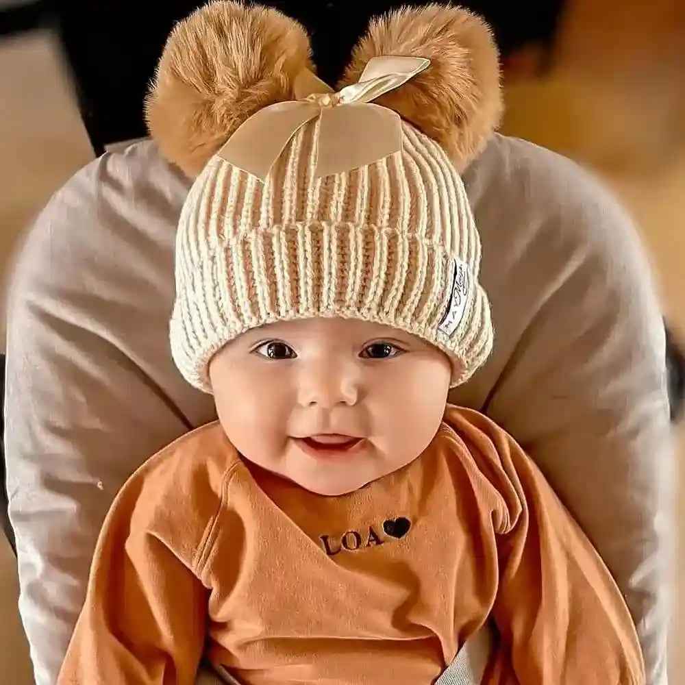 Knitted Claire winter hat in beige with 2 pom-poms, size 0-2 years, MiniDulce