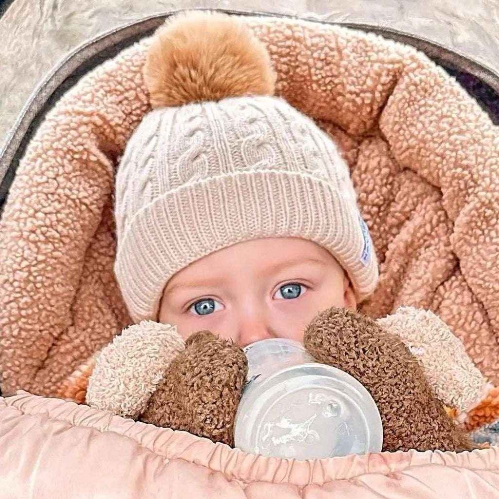 Knitted winter hat Oliver with 1 pom-pom, beige, 0-2 years, MiniDulce