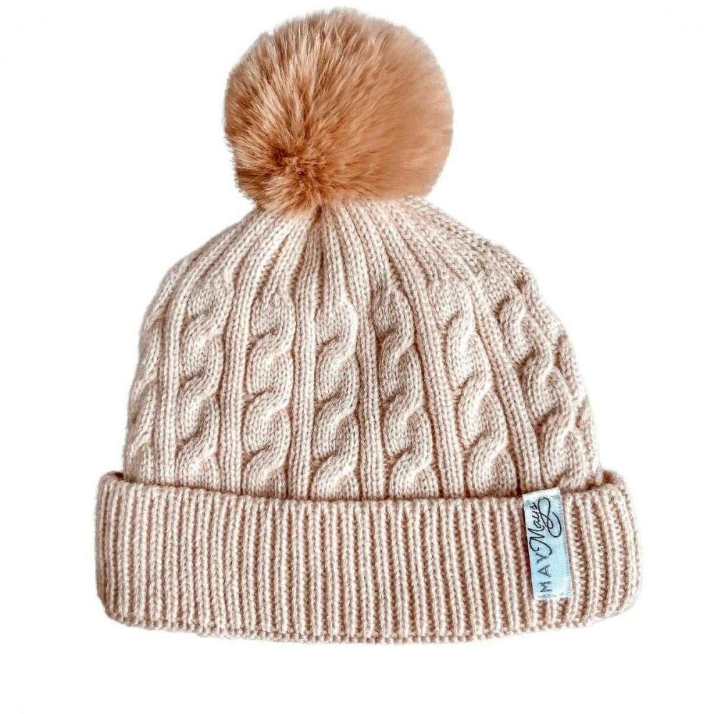 Wintermutsje gebreid 1 pompom beige 0-2 jaar - May Mays