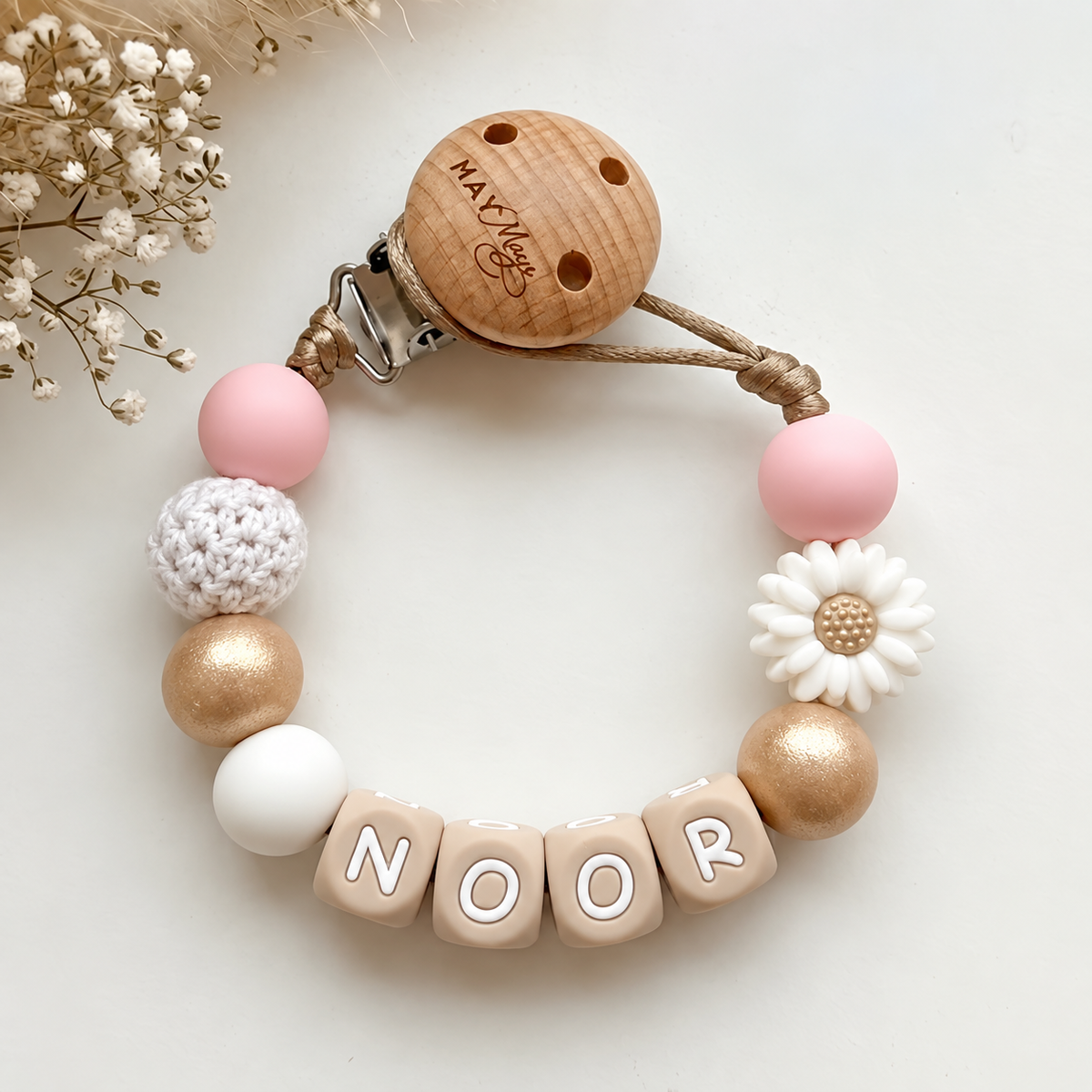Pacifier clip with name, gold and pink flower