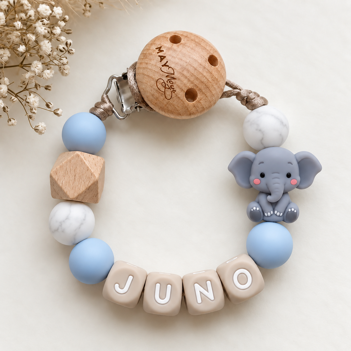 Schnullerkette mit namen marmor blau