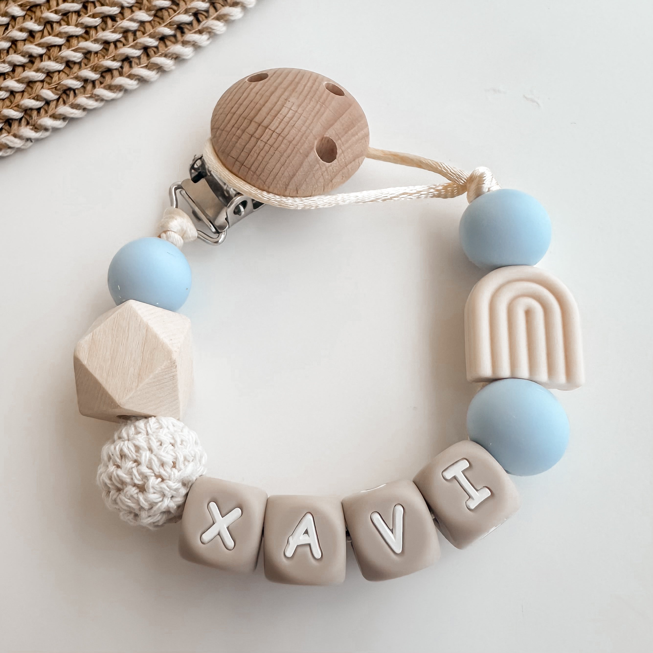 Pacifier cord with name | Rainbow beige blue