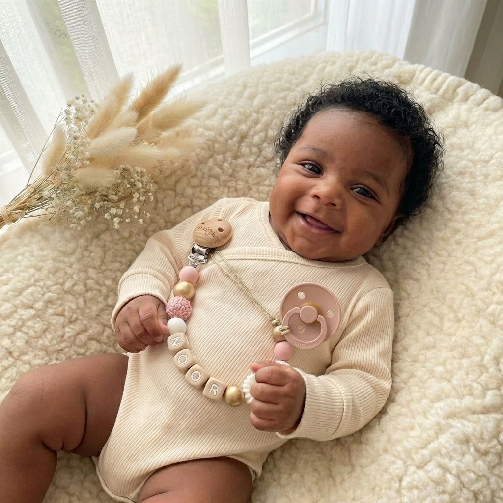 Speenkoord met naam goud roze bloem