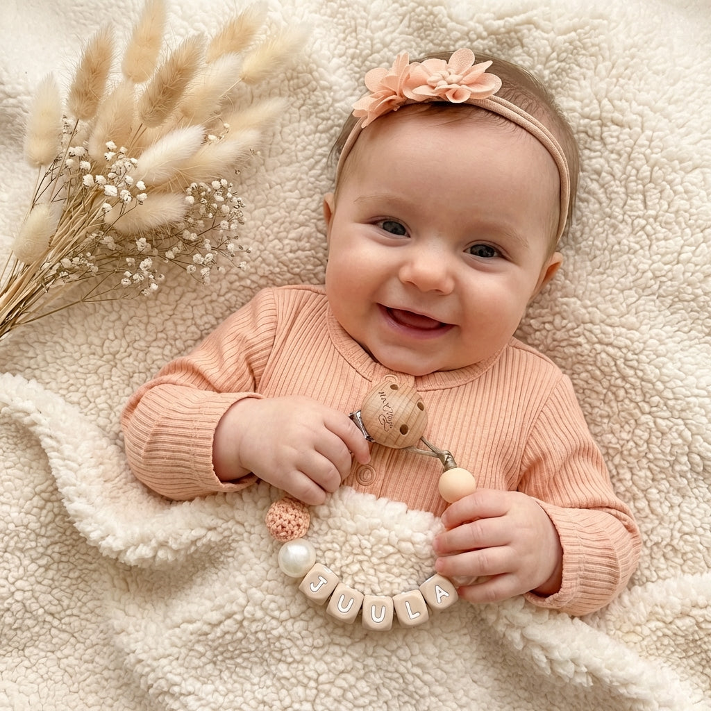 Speenkoord met naam zalmroze parel bloem