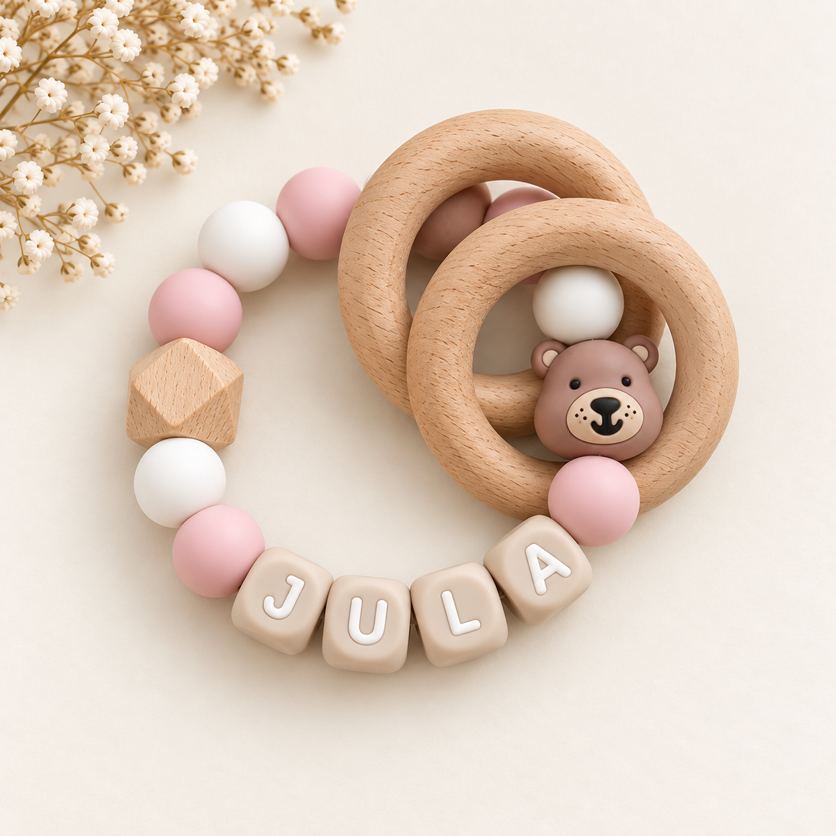 Beißring mit Namen Bärchen Rosa