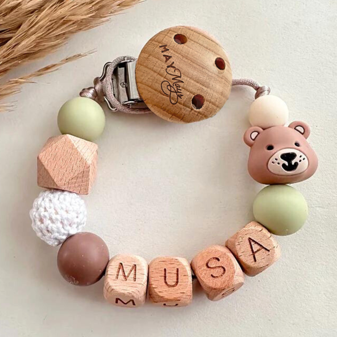 Speenkoord met naam beer groen hout