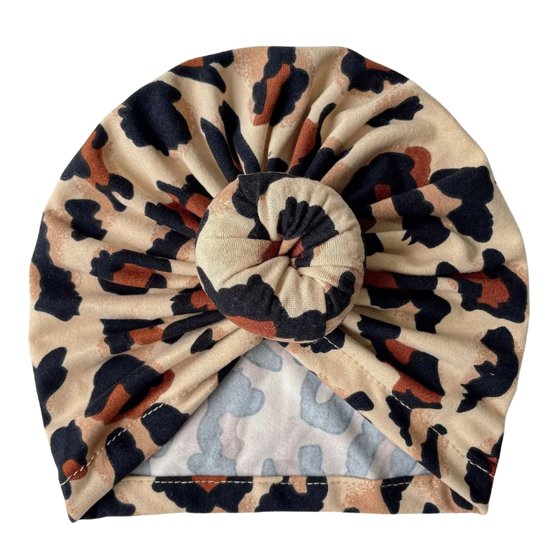 Turban mutsje leopard taupe 1-3 jaar