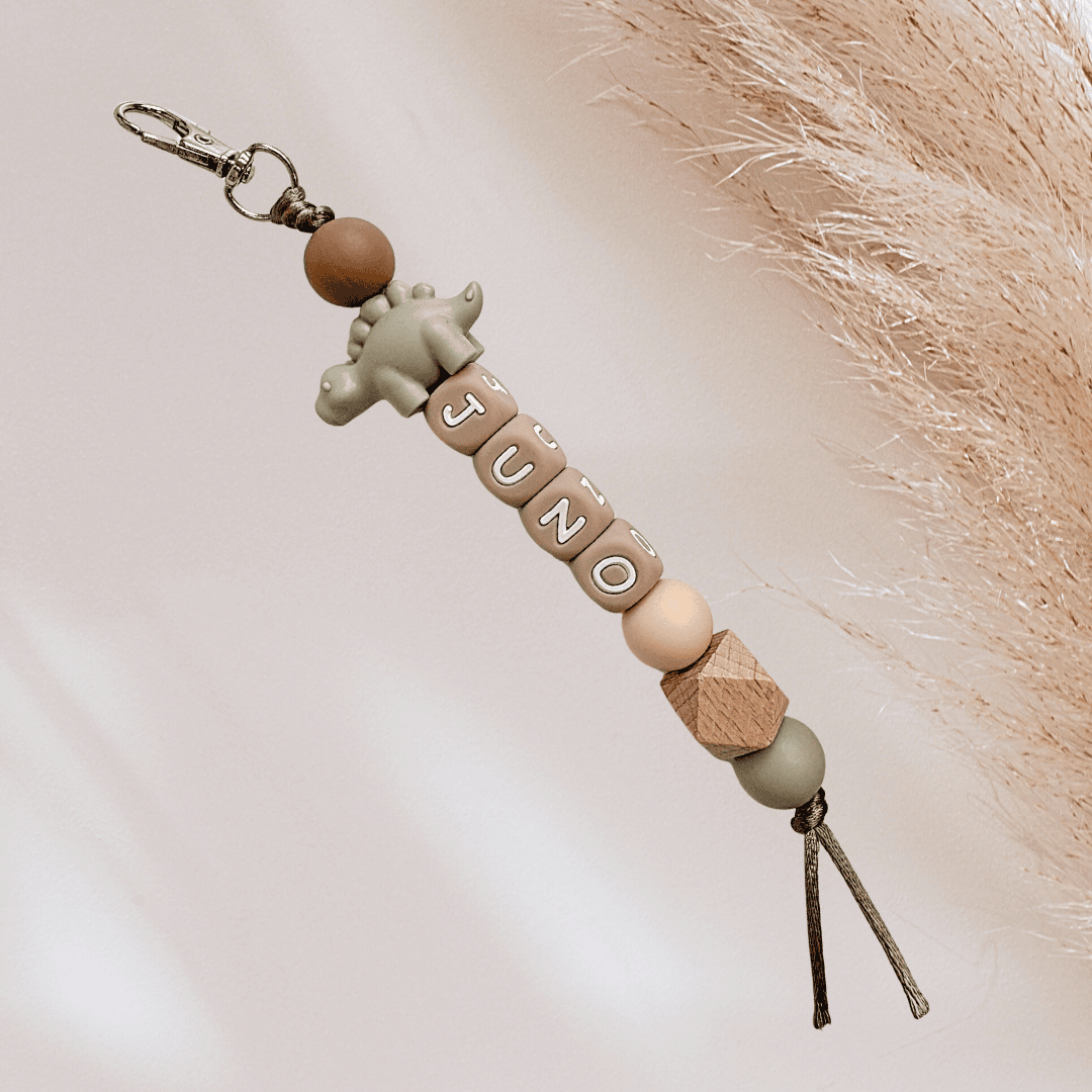 Sleutelhanger met naam dino groen bruin