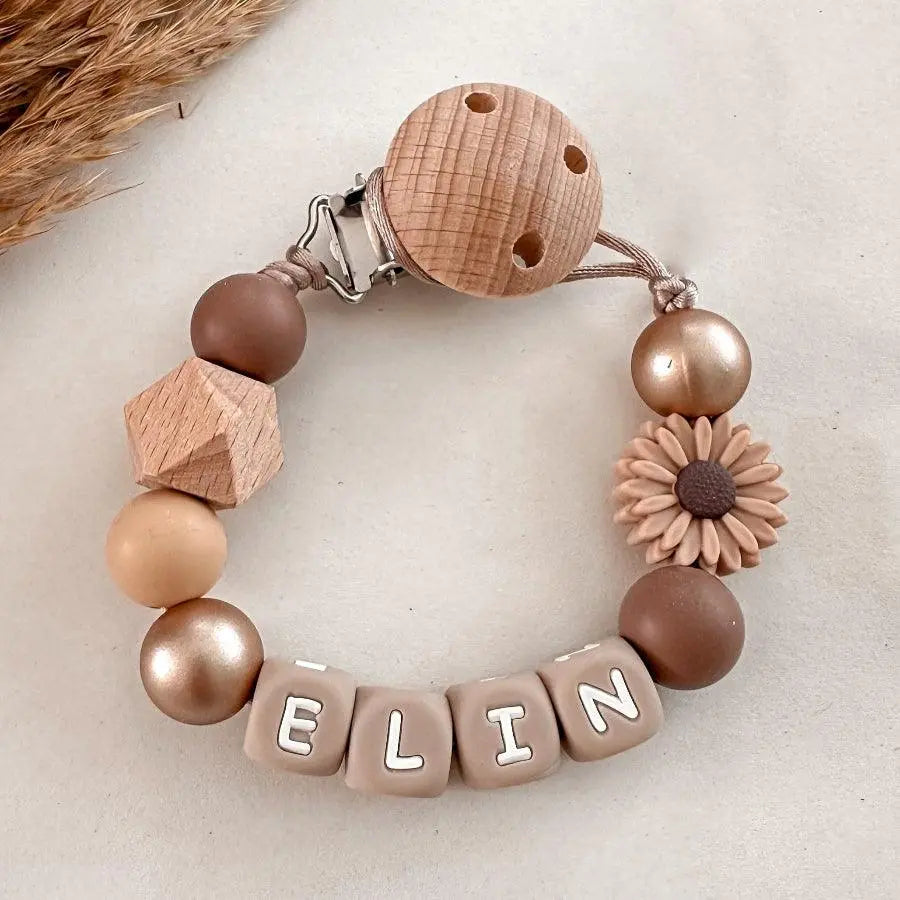 Speenkoord met naam – Bloem Bruin Goud - MiniDulce