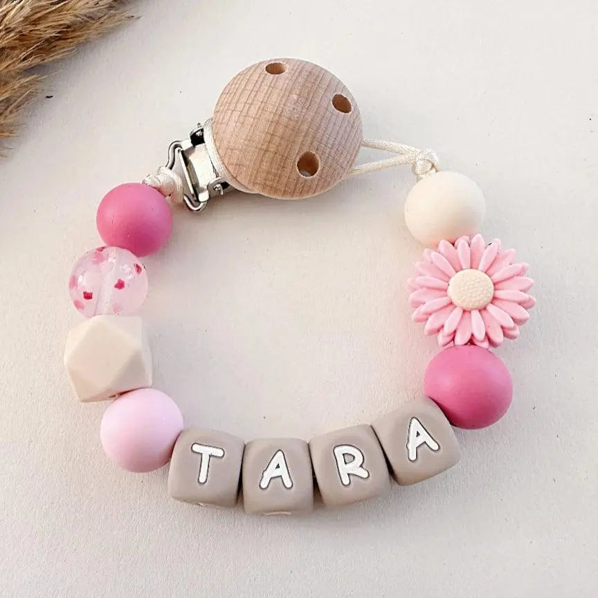 Speenkoord met naam – Roze Bloem & Hartjes - MiniDulce