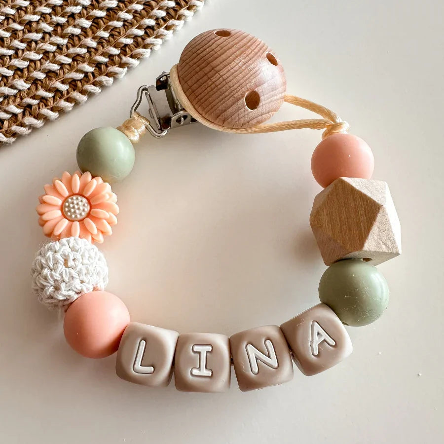 Speenkoord met naam – Bloem Peach Groen - MiniDulce