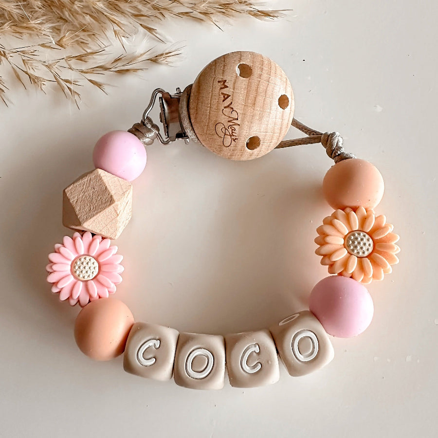 Speenkoord met naam | Peach Roze Bloem Speenkoorden met naam