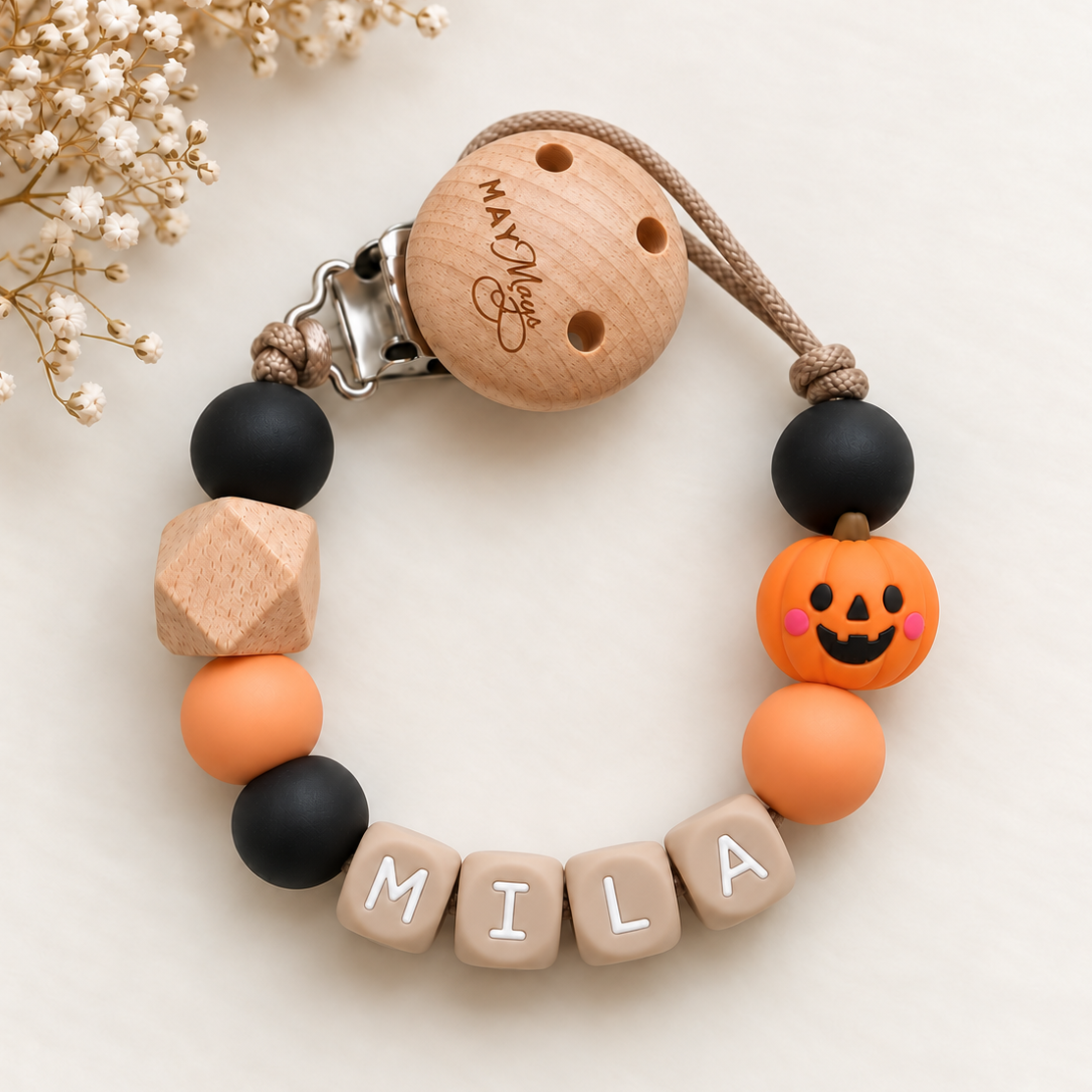 🎃 Speenkoord met naam Pompoen – Halloween-editie