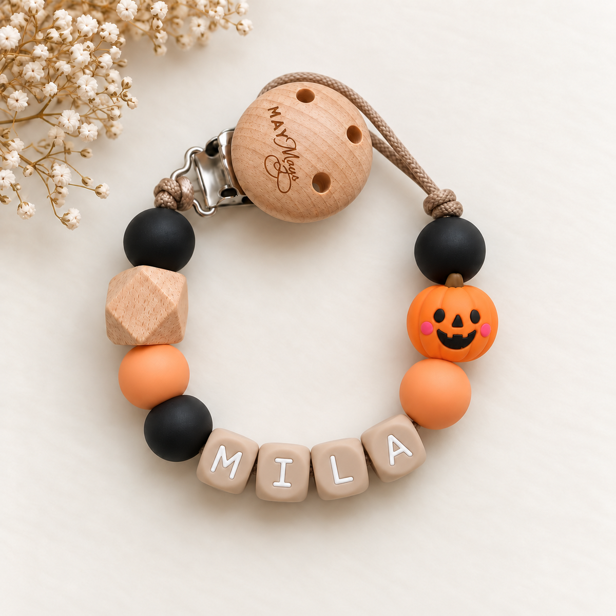 🎃 Speenkoord met naam Pompoen – Halloween-editie