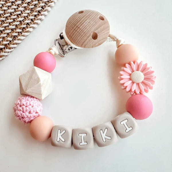 Speenkoord met naam – Peach Roze Bloem - MiniDulce