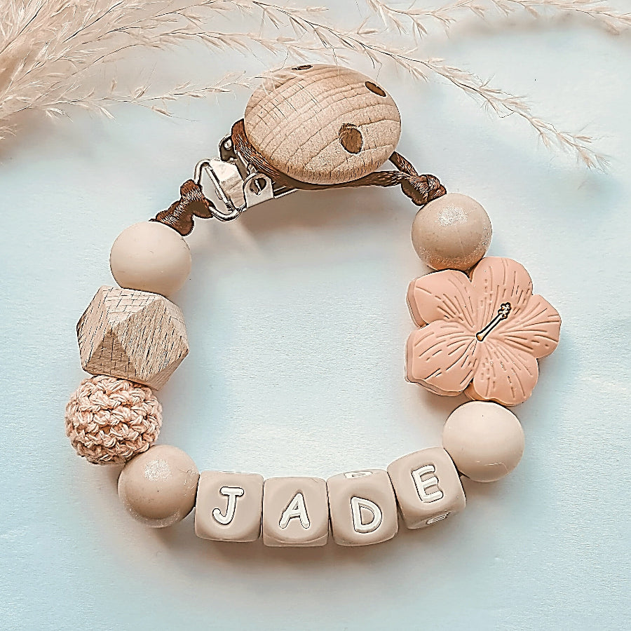 Speenkoord met naam | Zalm gouden bloem