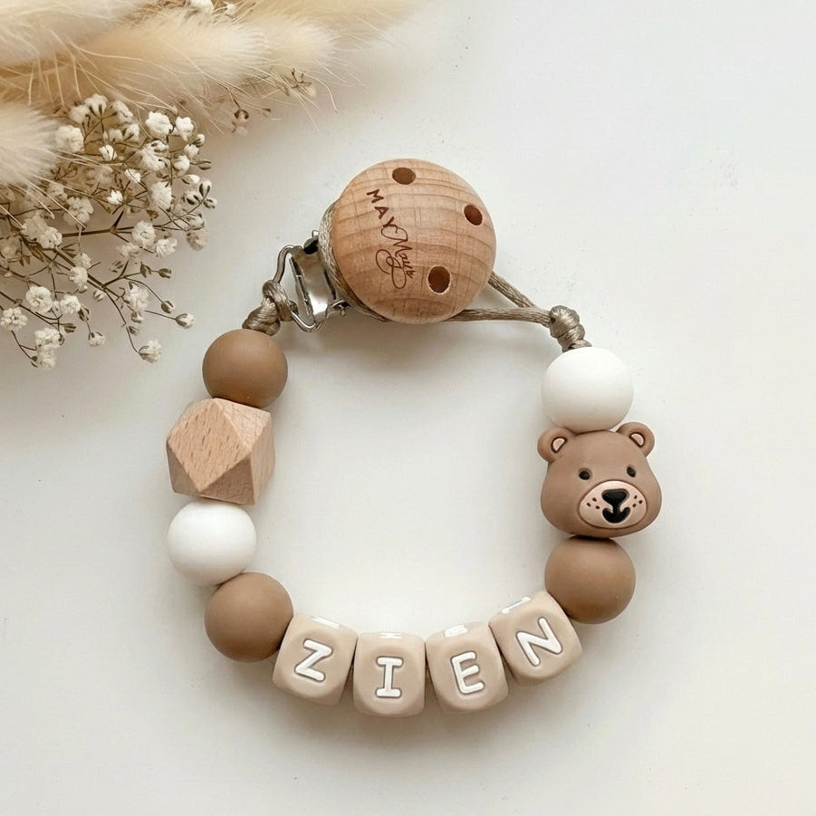 Speenkoord met naam beer bruin wit