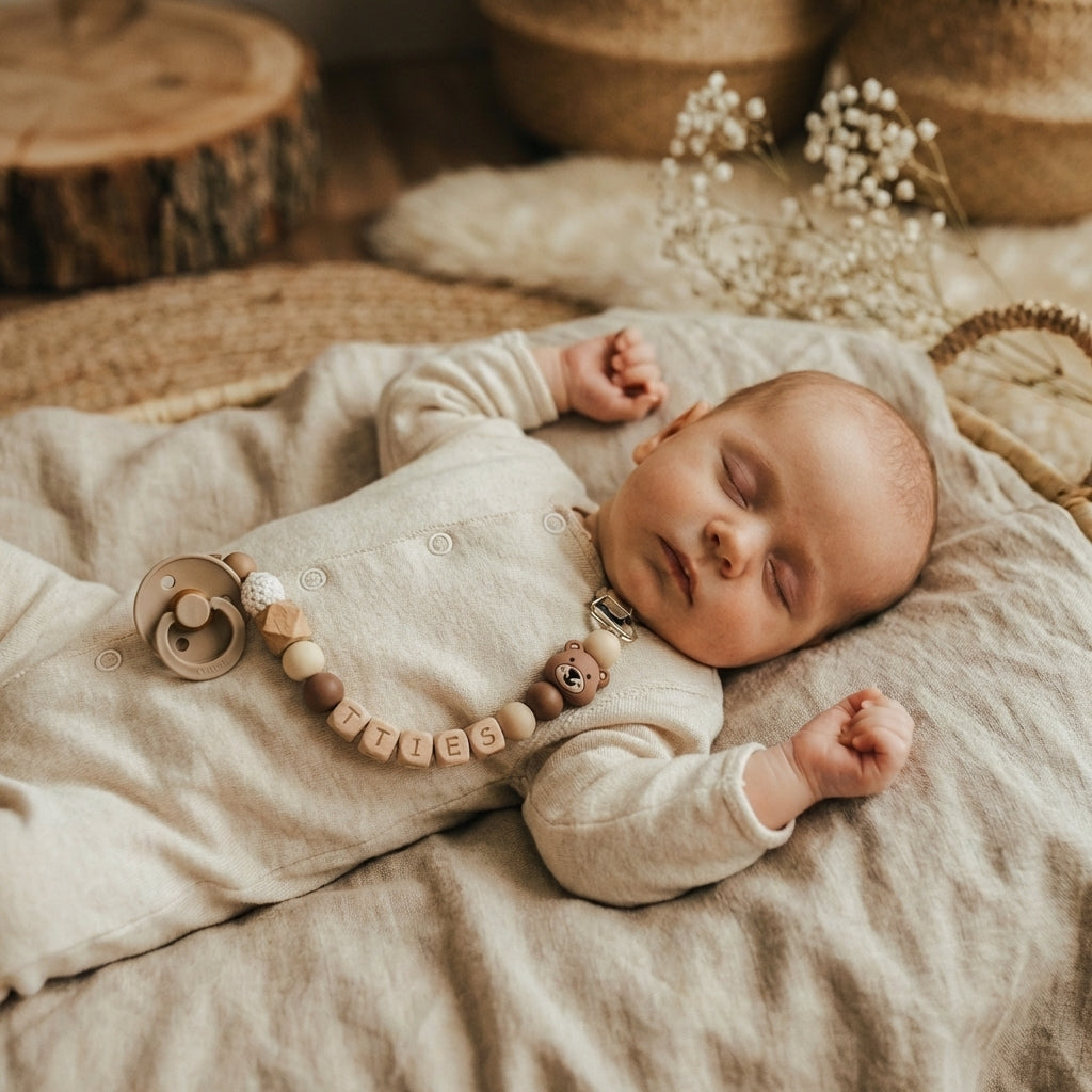 Speenkoord met naam beer bruin wit