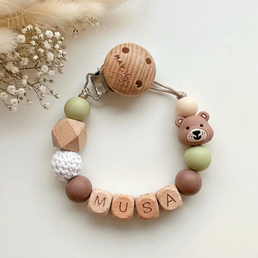 Speenkoord met naam beer groen hout