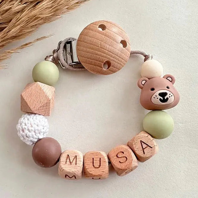 Speenkoord met naam beer groen hout 