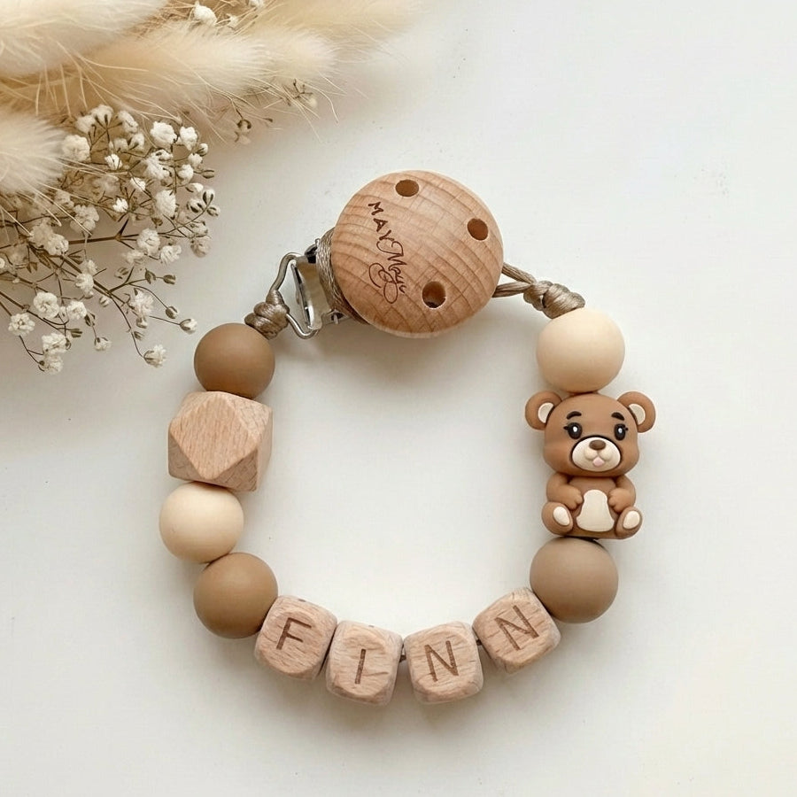 Speenkoord met naam beer naturel hout