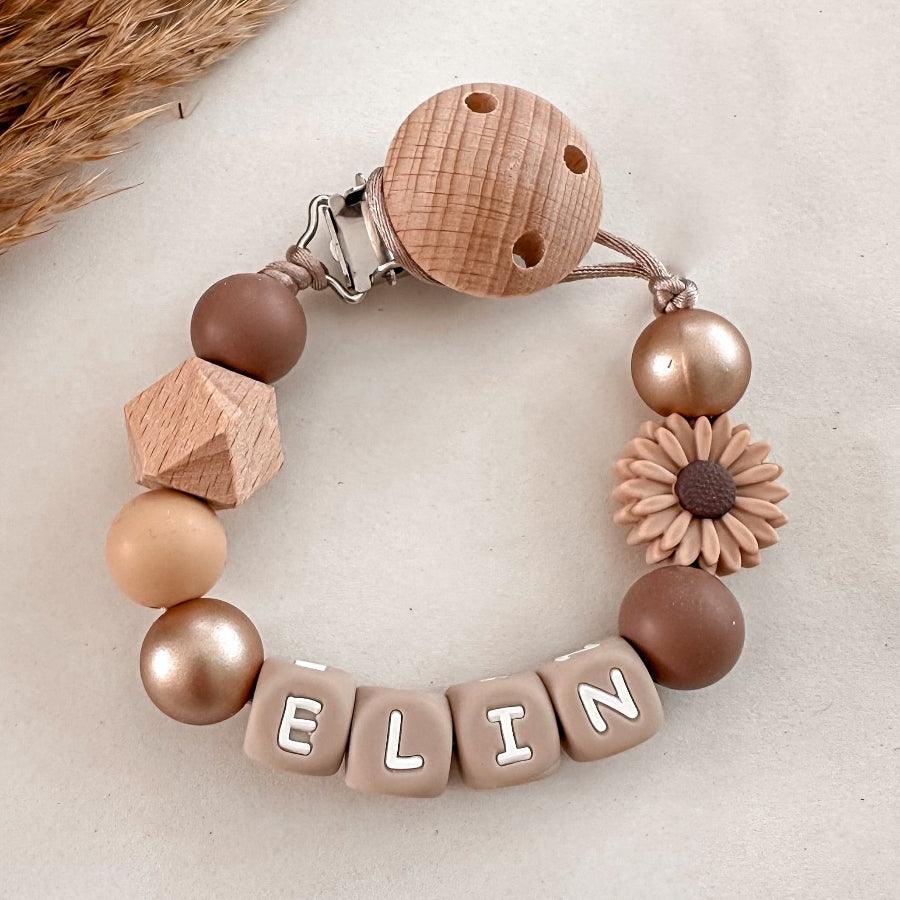 Speenkoord met naam – Bloem Bruin Goud - MiniDulce