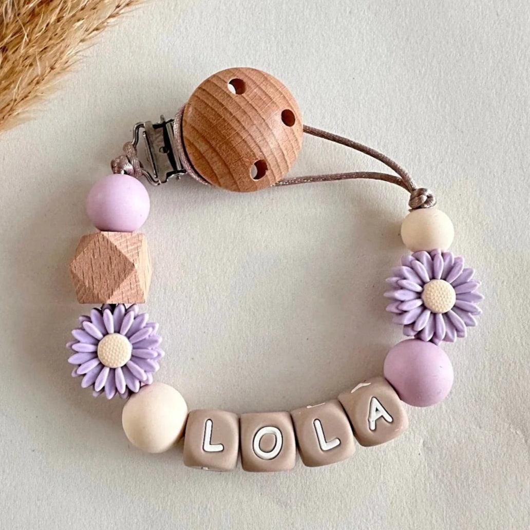 Speenkoord met naam – Bloem Lila - MiniDulce
