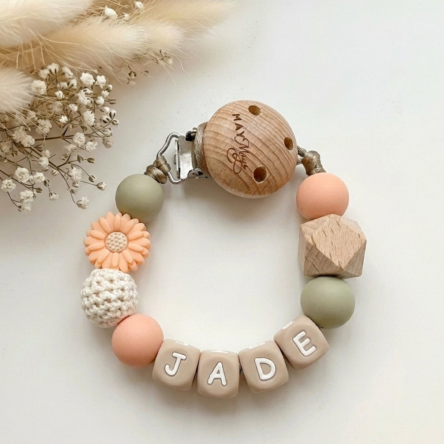 Speenkoord met naam bloem peach groen