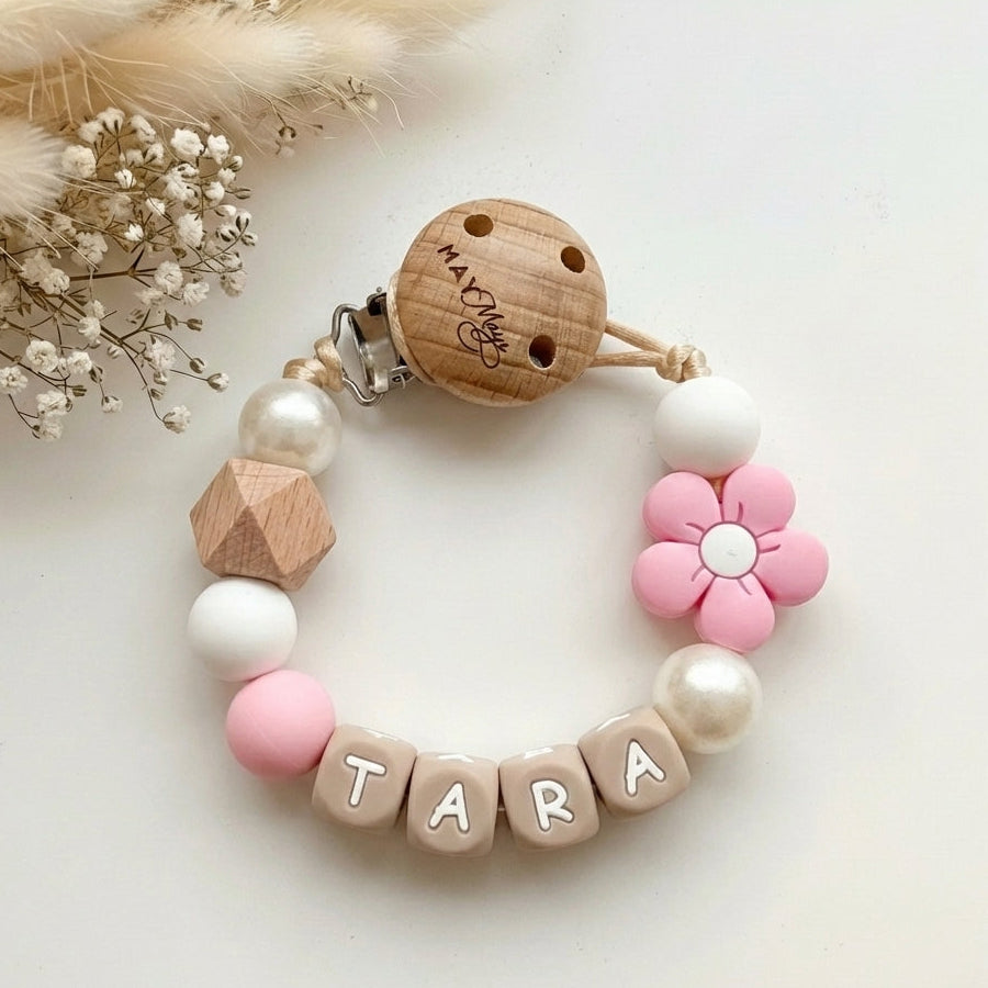 Speenkoord met naam bloem roze parel