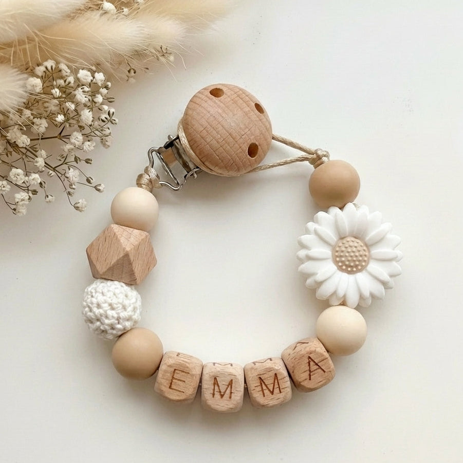 Speenkoord met naam bloem wit hout