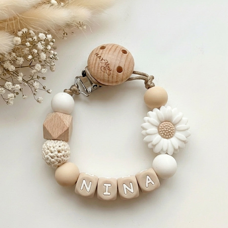 Speenkoord met naam bloem wit naturel